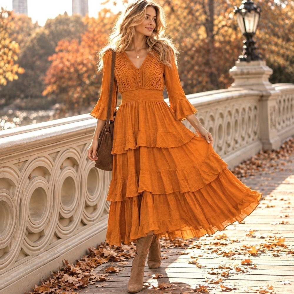 Anthropologie Kings Road Small Maxi Dress Orange Witchy Cottagecore Boho Fairy